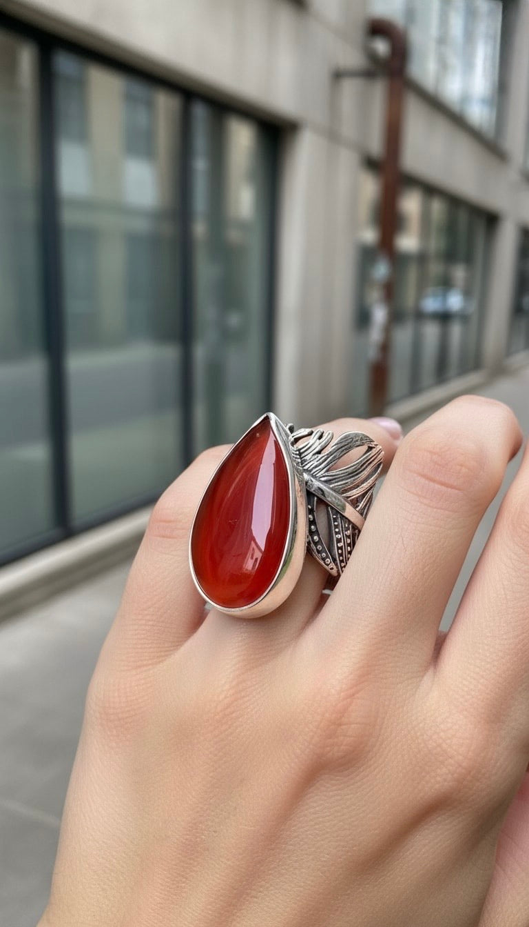 ANILLO PLUMA DE PLATA Y CORNALINA