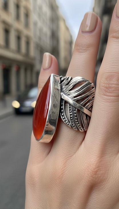 ANILLO PLUMA DE PLATA Y CORNALINA